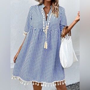 Caribbean Ready Bohemian Tassel Trim Notched Neckline Midi Summer Dress